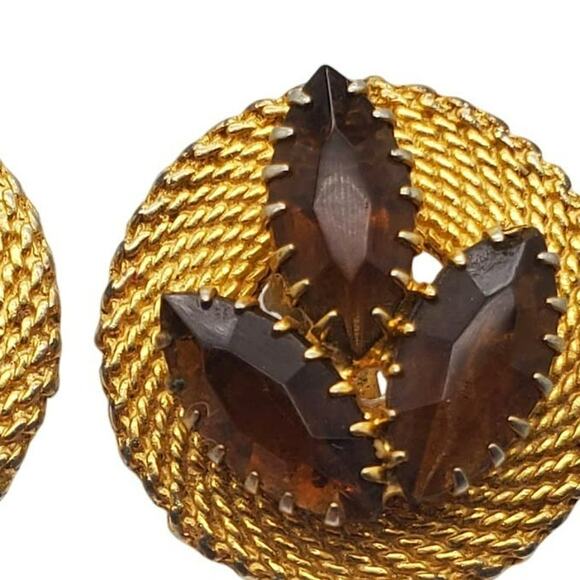 Retro Gold Mesh Clip on Earrings Brown Glass Bling MCM Rhinestones Vintage 1960s - Picture 2 of 6